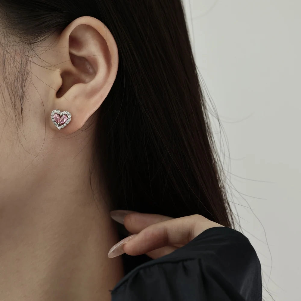 Silver Zircon Pear Cut Iced Heart Ear Studs