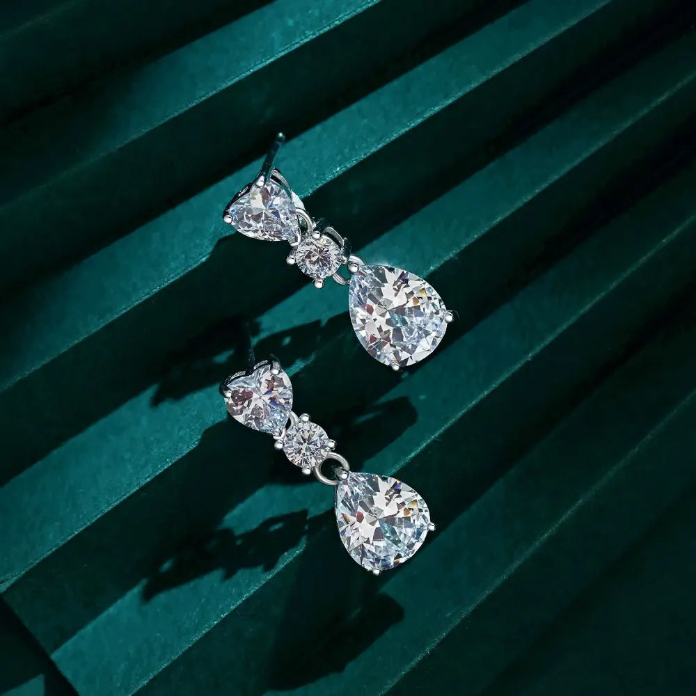 Silver Zircon Pear Cut Heart Drop Earrings