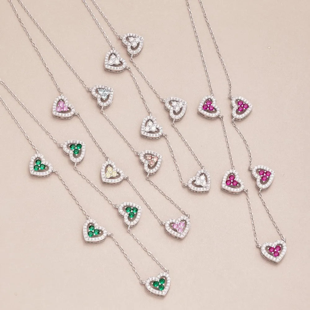Silver Zircon Round Cut Heart Chain Necklace