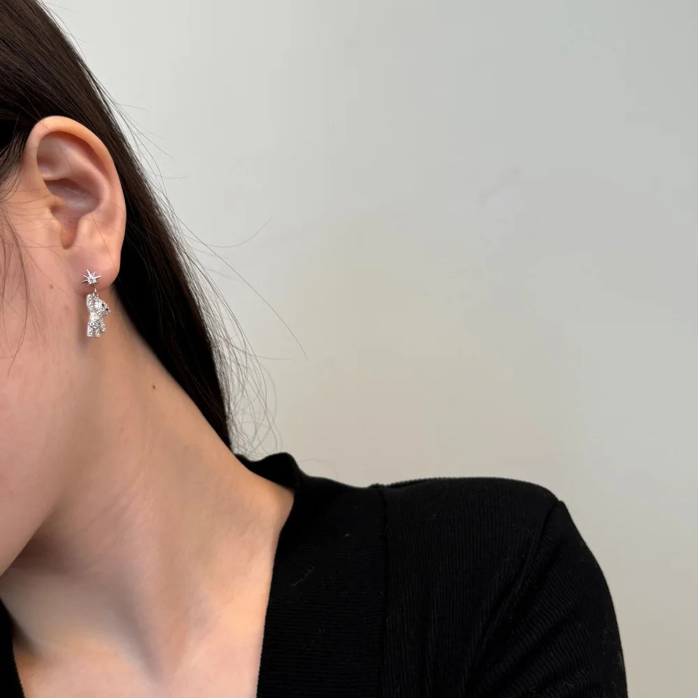 Silver Zircon Round Cut Iced Bear Drop Earrings