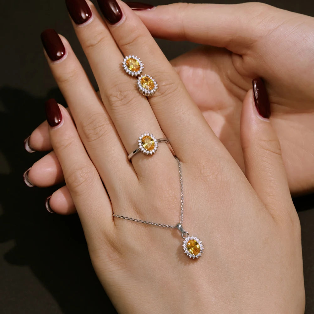 Silver Zircon Oval Cut Halo Flower Pendant Necklace