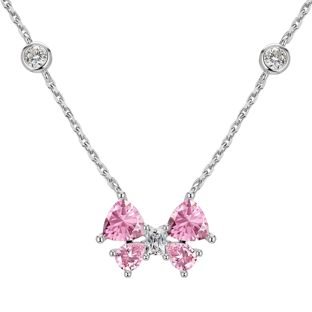 Silver Zircon Trillion Curved Cut Bow Pendant Necklace