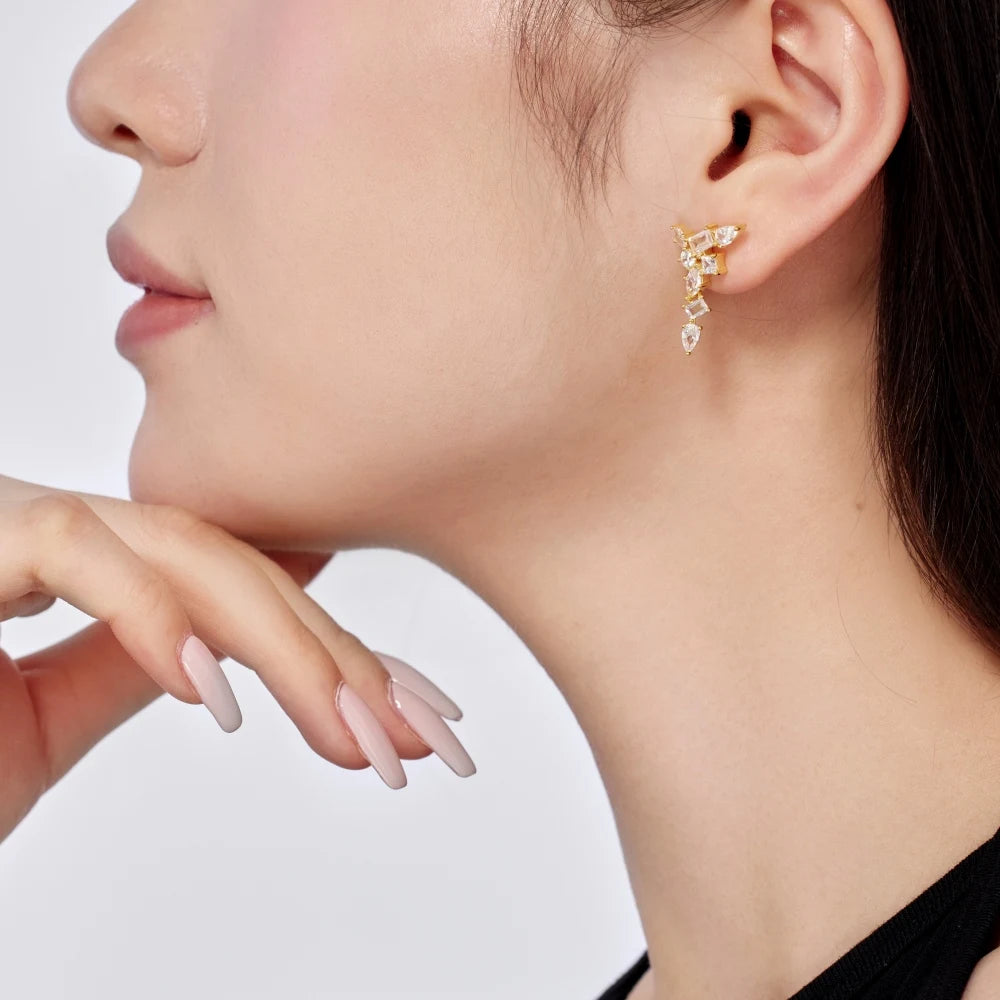 Silver Zircon Pear Cut Geometric Tassel Drop Earrings