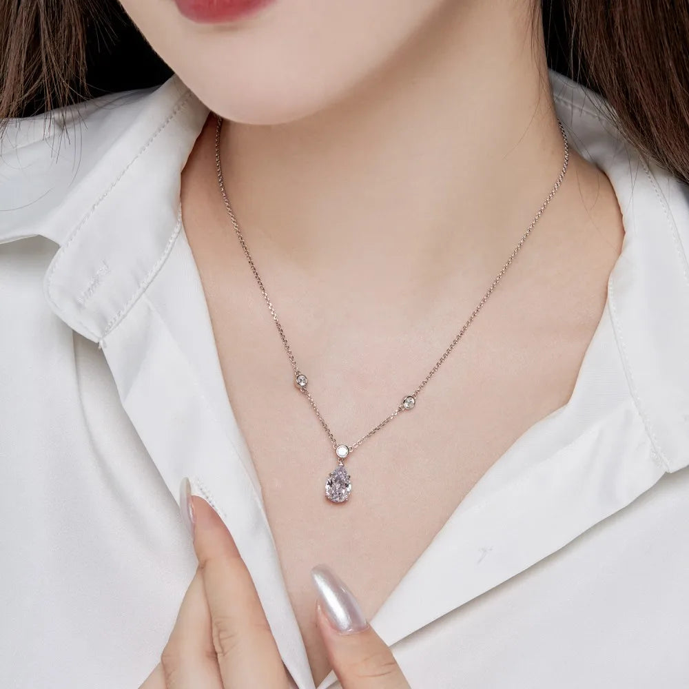 Silver Zircon Pear Cut Inlaid Tear Pendant Necklace
