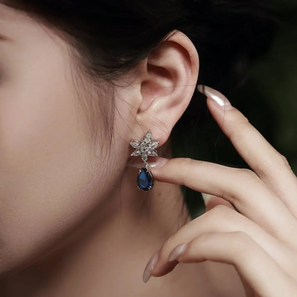 Silver Zircon Pear Cut Flower Drop Earrings