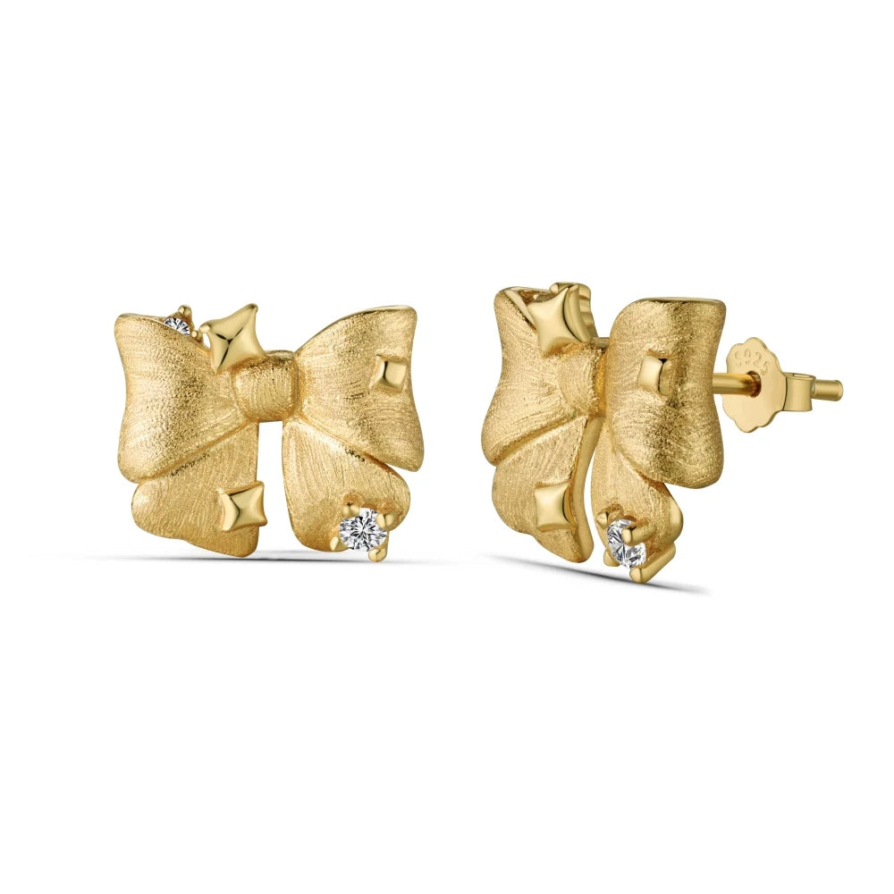 Silver Zircon Round Cut Inlaid Bow Knot Ear Studs