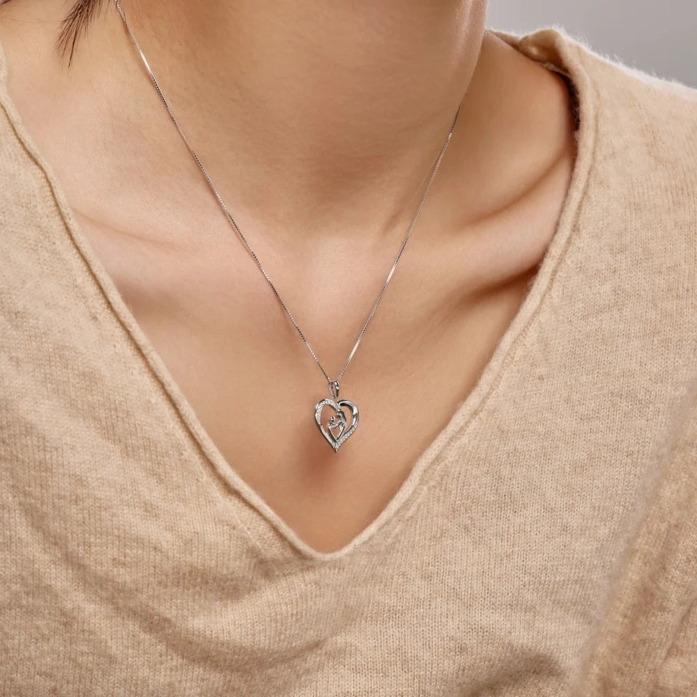 Silver Zircon Round Cut Mother And Child Heart Pendant Necklace