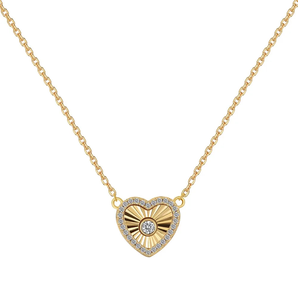 Silver Zircon Round Cut Inlaid Heart Pendant Necklace