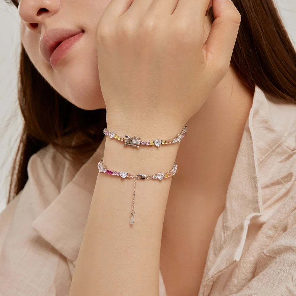 Silver Zircon Heart Cut Charm Tennis Bracelet
