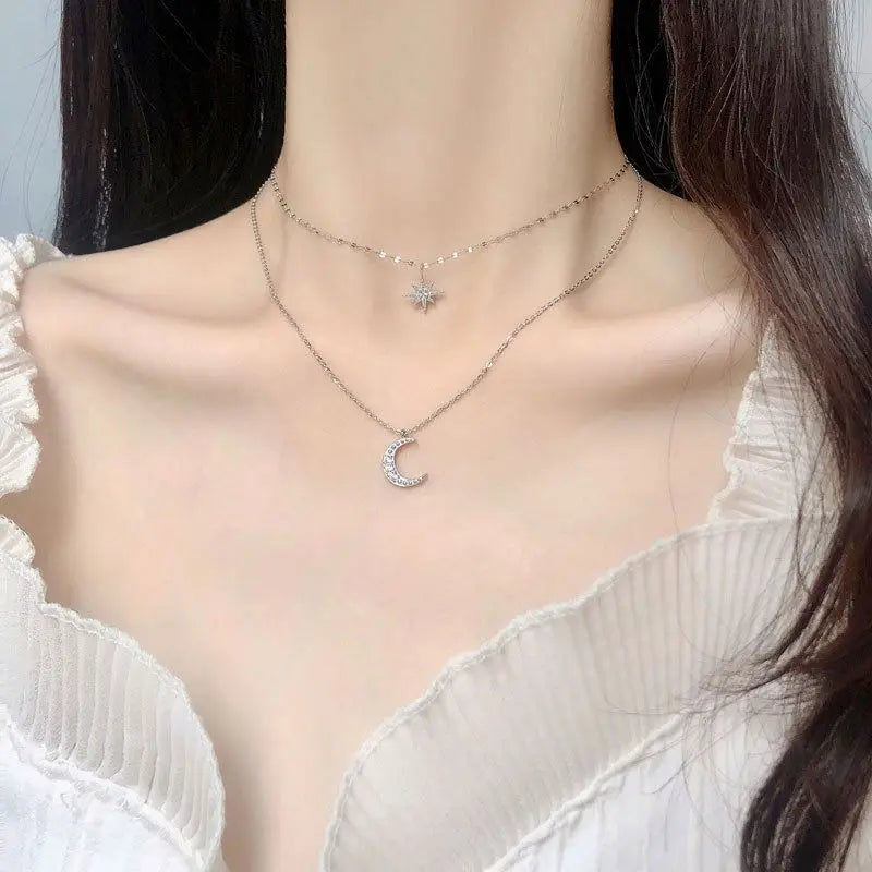 Silver Zircon Round Cut Double Layered Crescent Star Pendant Necklace