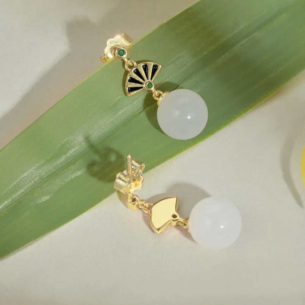 Silver Jade Folding Fan Drop Earrings