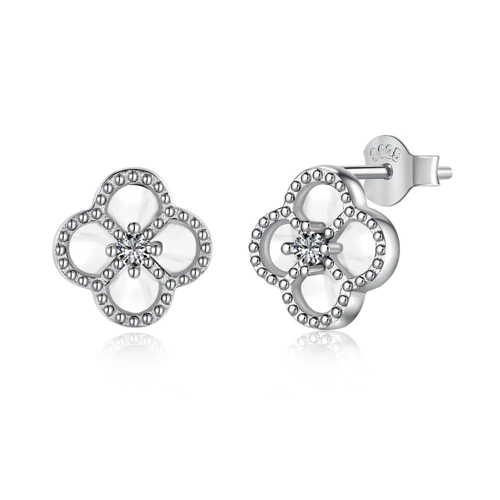 Silver Zircon Round Cut Clover Ear Studs