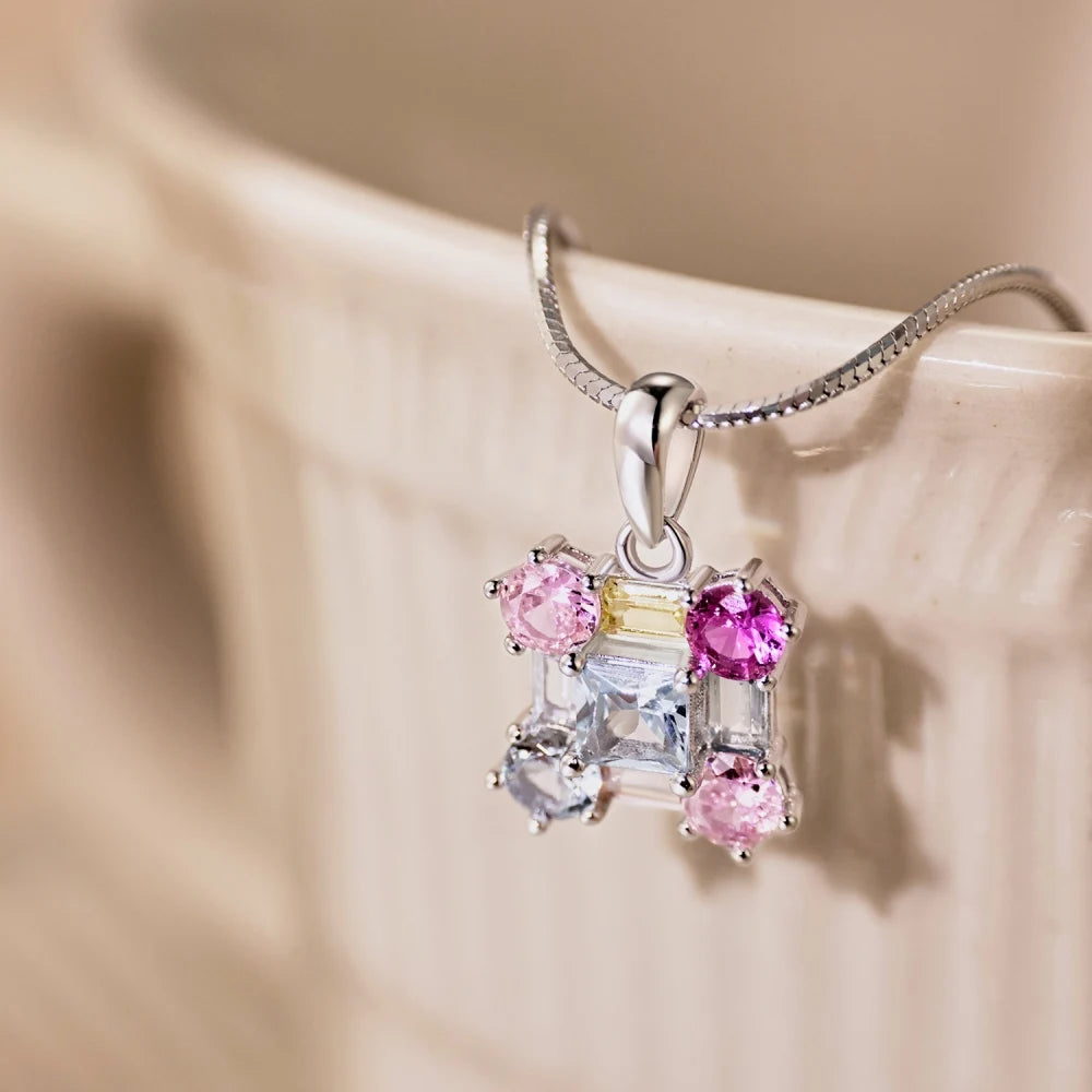 Silver Zircon Princess Cut Inlaid Cube Pendant Necklace