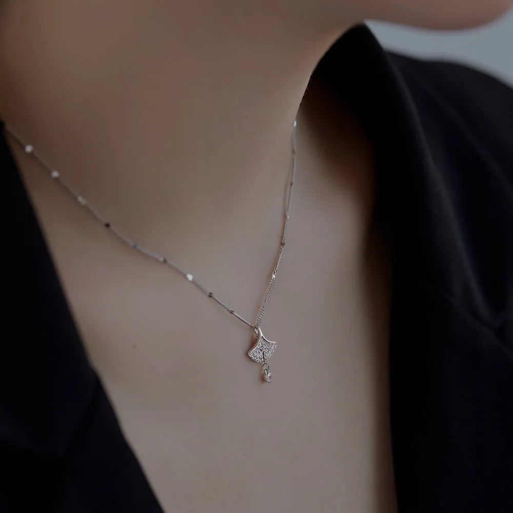 Silver Zircon Round Cut Ginkgo Leaf Pendant Necklace