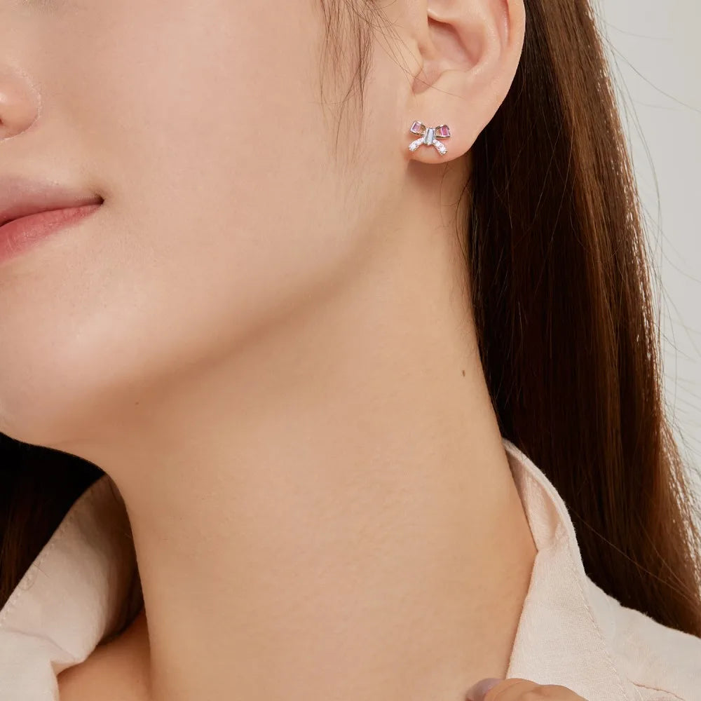 Silver Zircon Baguette Cut Bow Tie Ear Studs