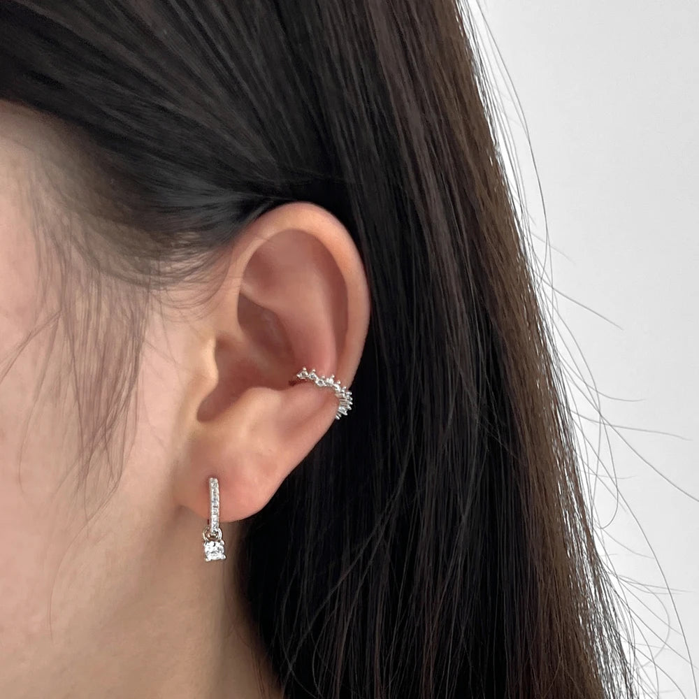 Silver Zircon Round Cut Inlaid Ear Cuffs