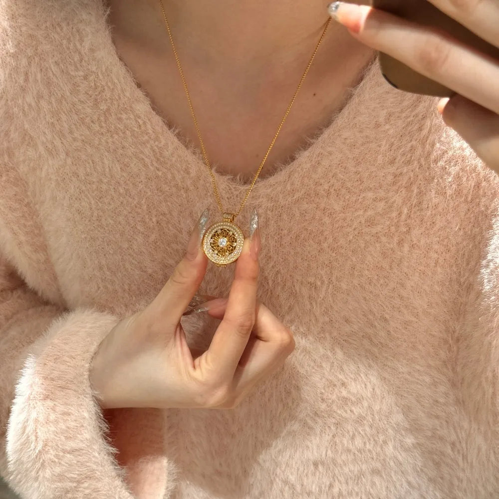 Silver Zircon Round Cut Halo Disc Pendant Necklace