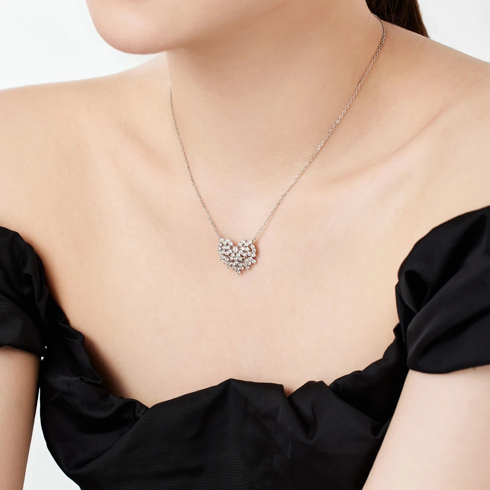 Silver Zircon Round Cut Iced Heart Pendant Necklace