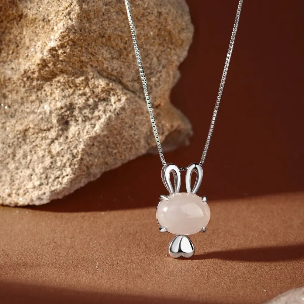 Silver Jade Bunny Pendant Necklace
