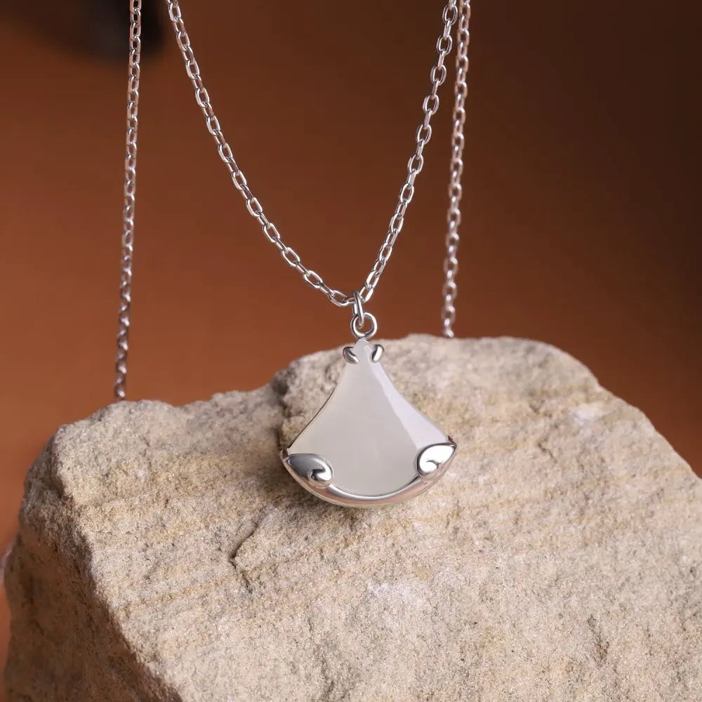 Silver Jade Cut Ginkgo Leaf Pendant Necklace