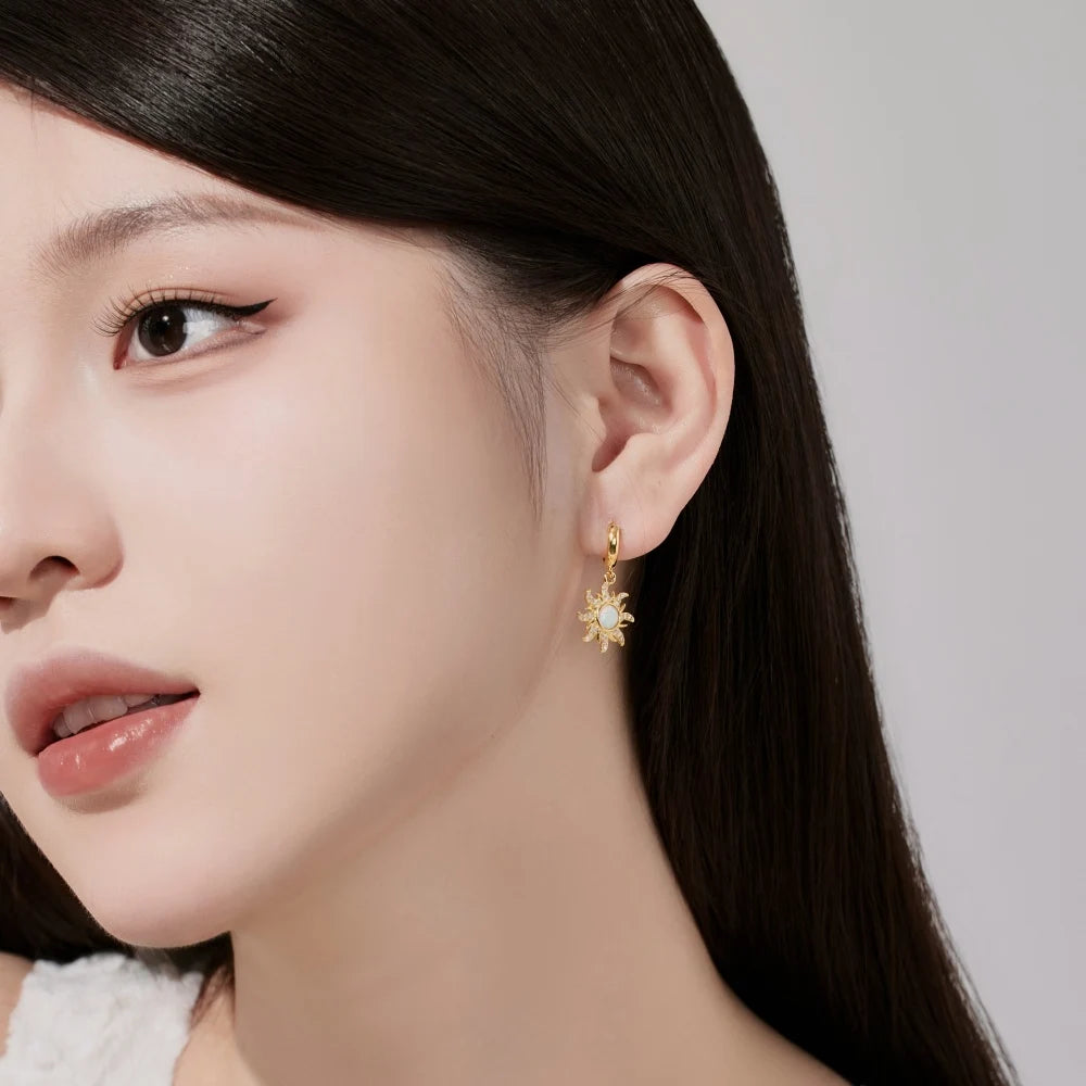 Silver Opal Round Cut Sunshine Huggie Earrings