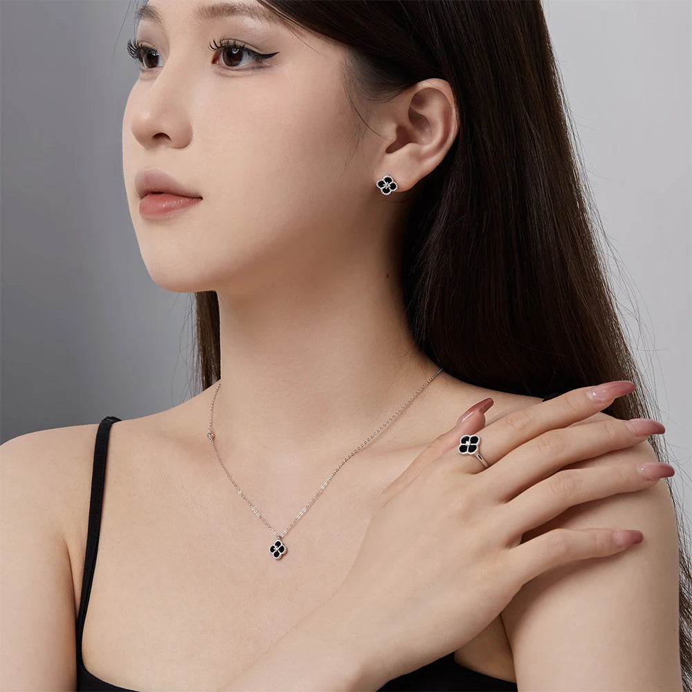 Silver Zircon Round Cut Clover Ear Studs