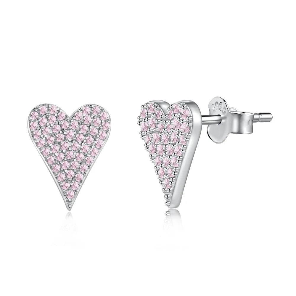 Silver Zircon Round Cut Iced Heart Ear Studs