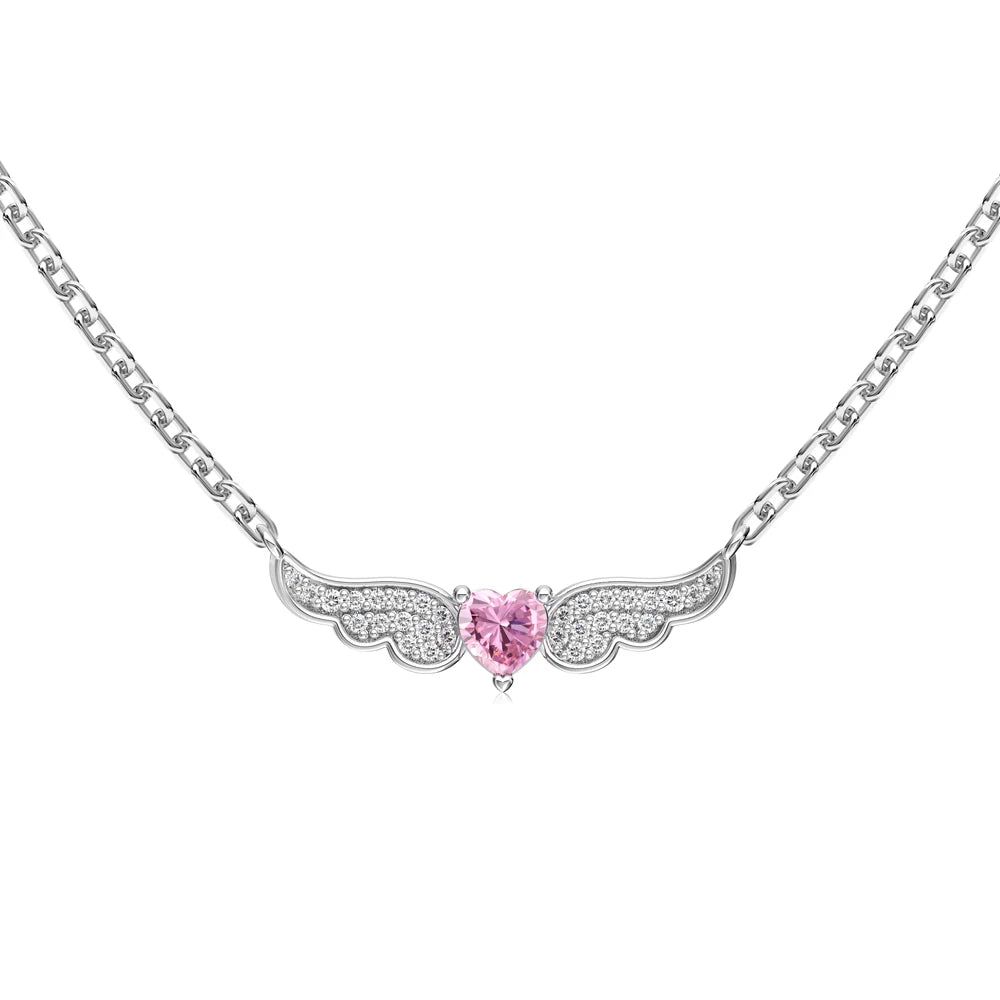 Silver Zircon Heart Cut Wings Bar Necklace