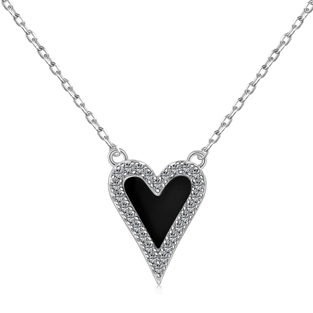Silver Onyx Heart Cut Halo Heart Pendant Necklace
