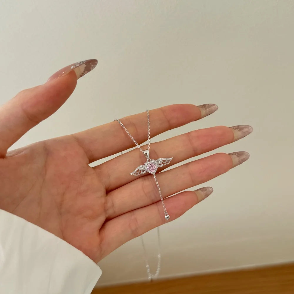 Silver Zircon Heart Cut Wings Pendant Necklace