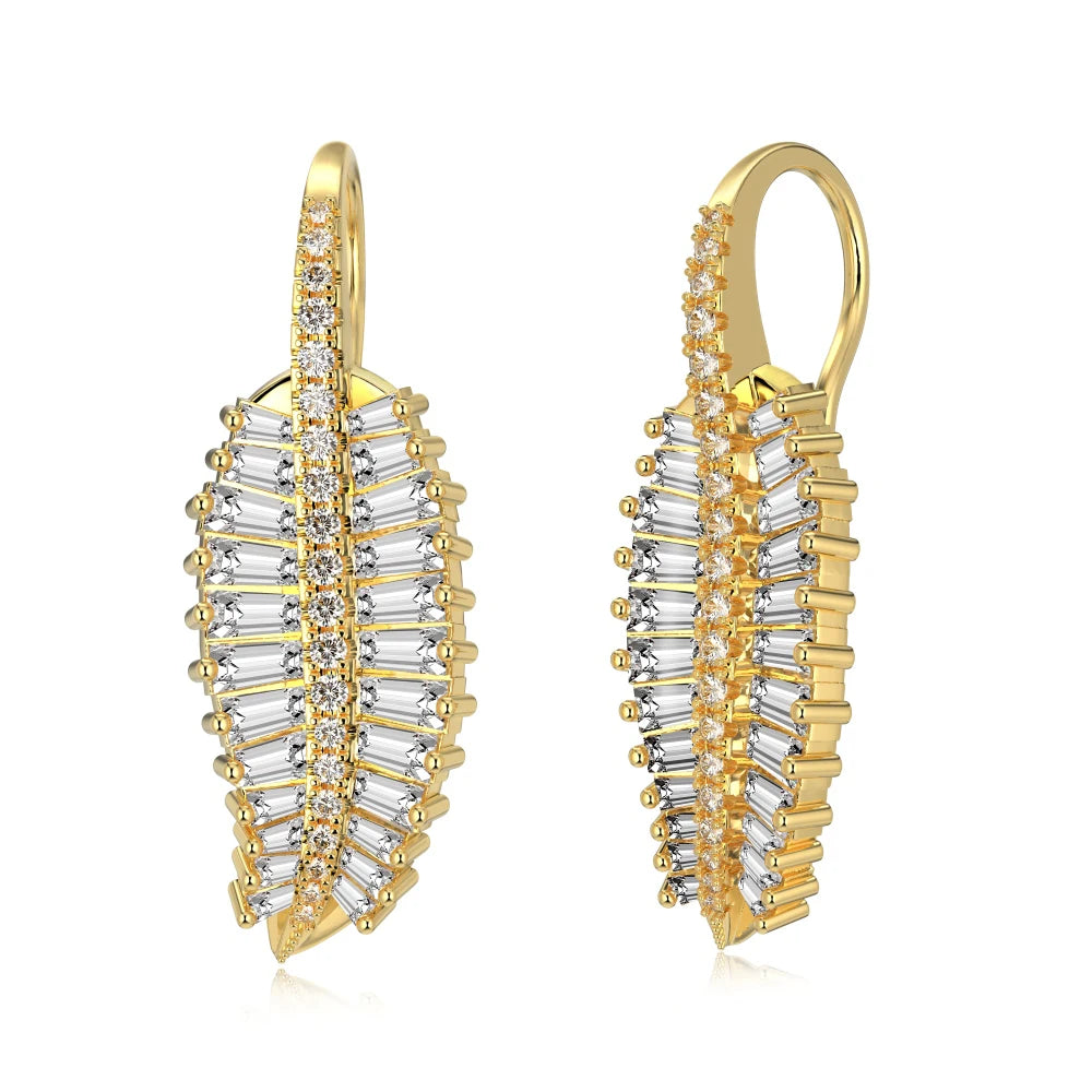 Silver Zircon Emerald Cut Iced Leaf Drop Earrings