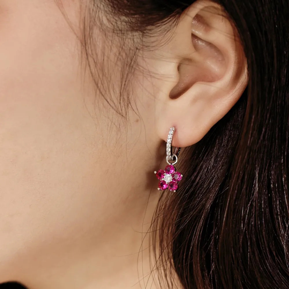Silver Zircon Round Cut Drop Flower Ear Hoops