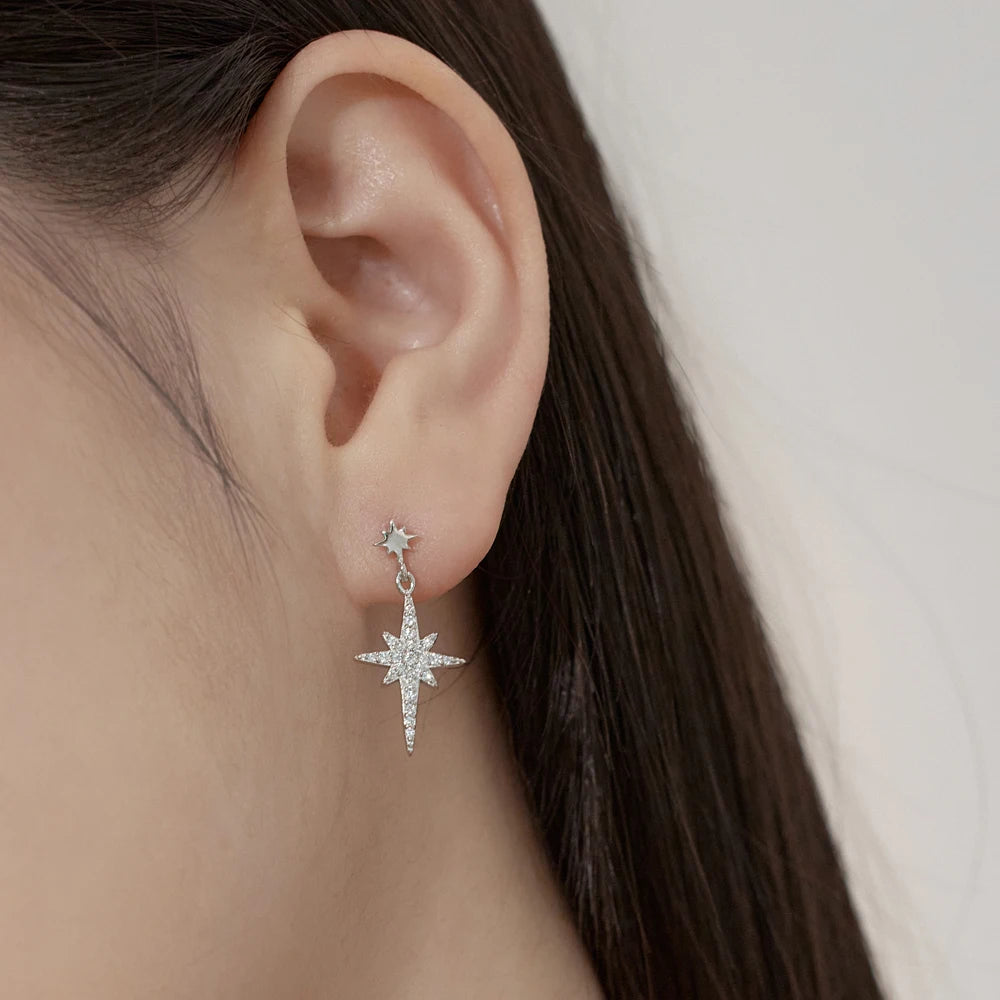 Silver Zircon Pear Cut Crescent Star Dangle Drop Earrings