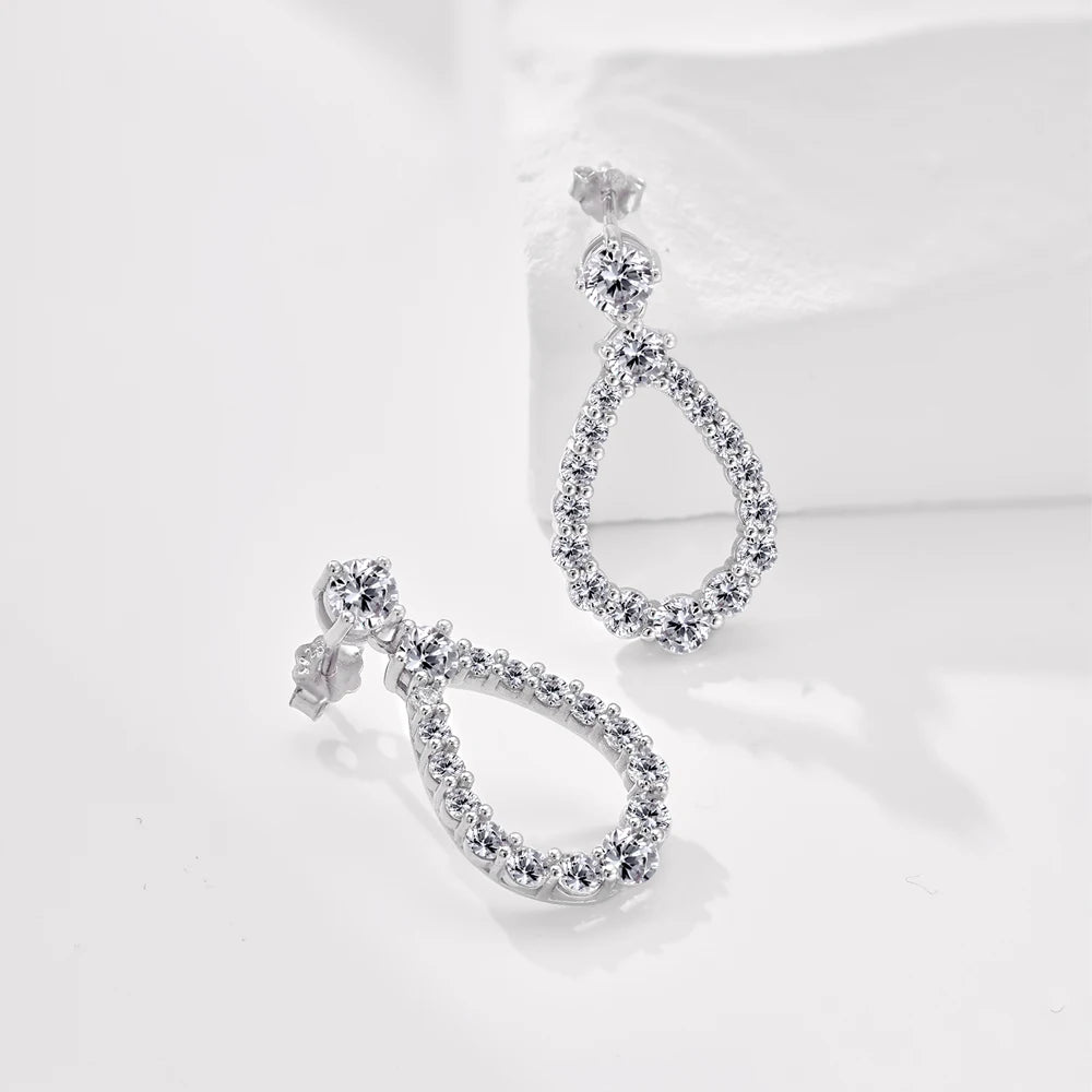 Silver Zircon Round Cut Halo Water Drop Drop Earrings
