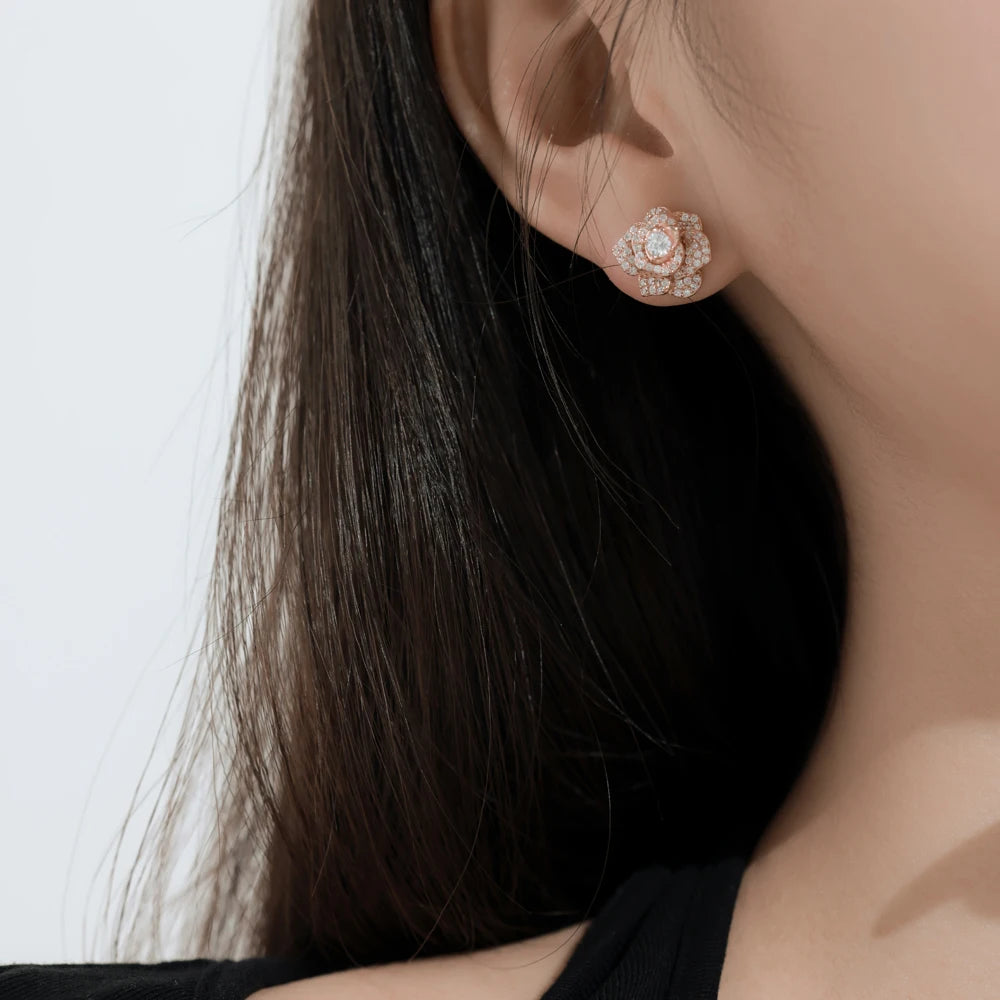Silver Zircon Round Cut Iced Rose Ear Studs