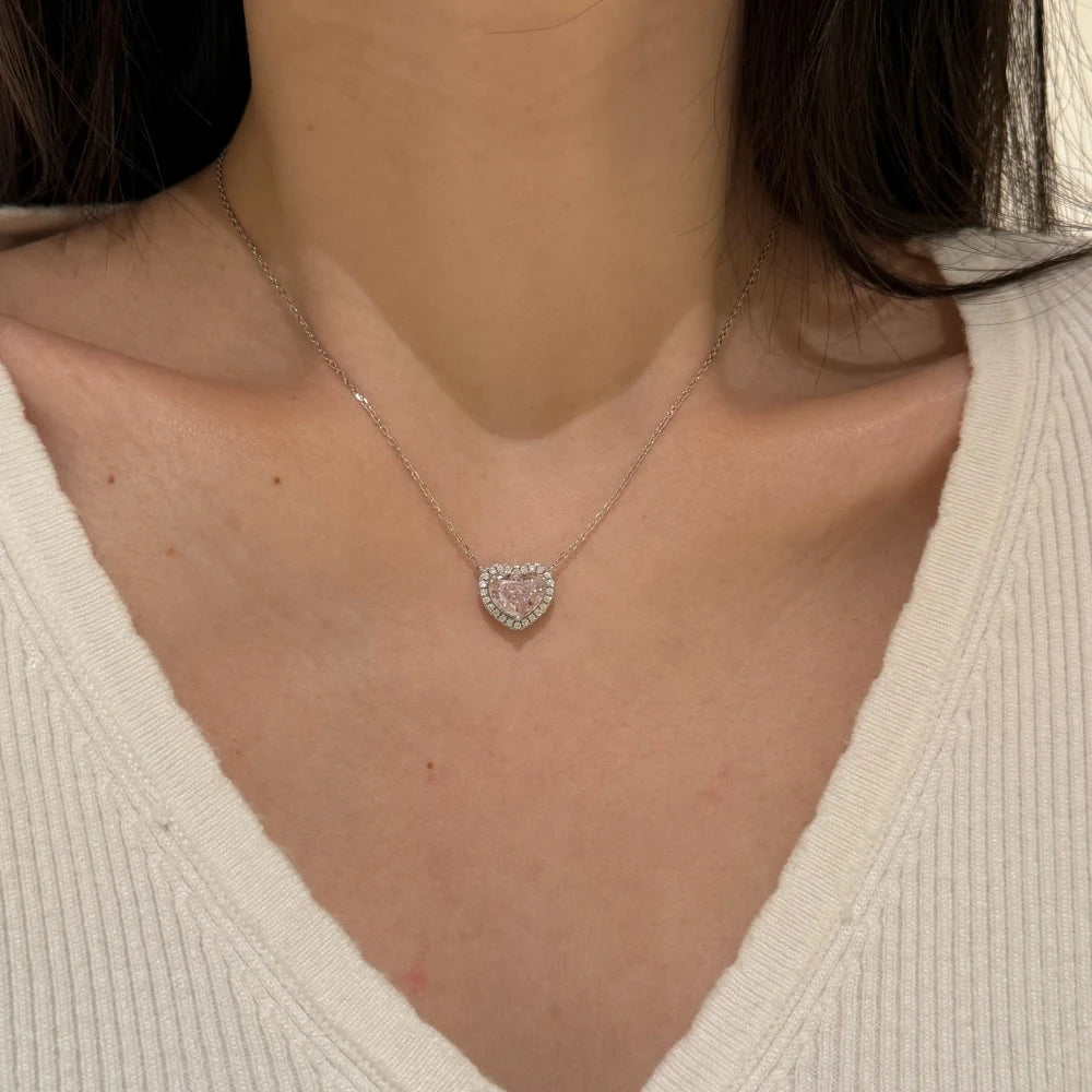 Silver Zircon Heart Cut Inlaid Halo Pendant Necklace