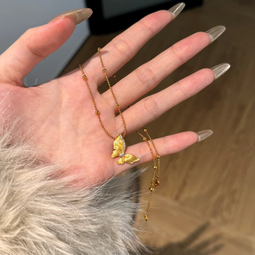 Silver Zircon Round Cut Butterfly Beaded Necklace