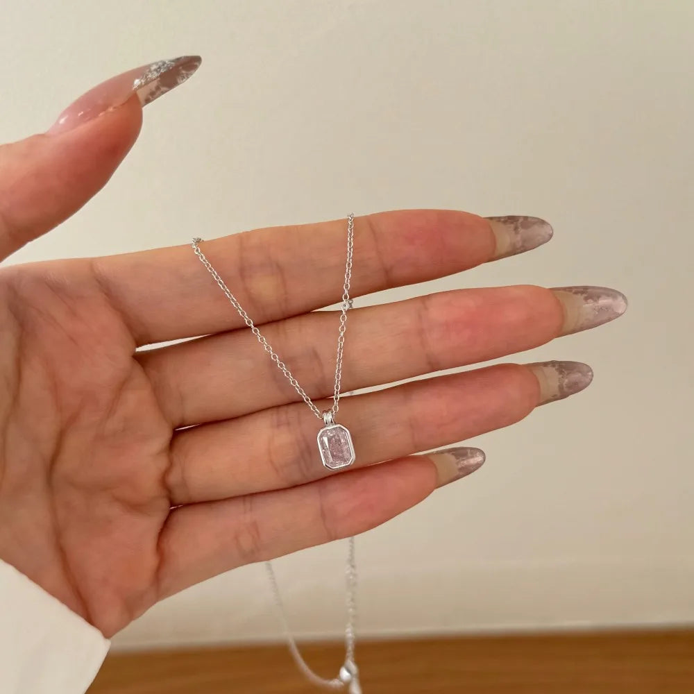 Silver Zircon Radiant Cut Side Single Pendant Necklace