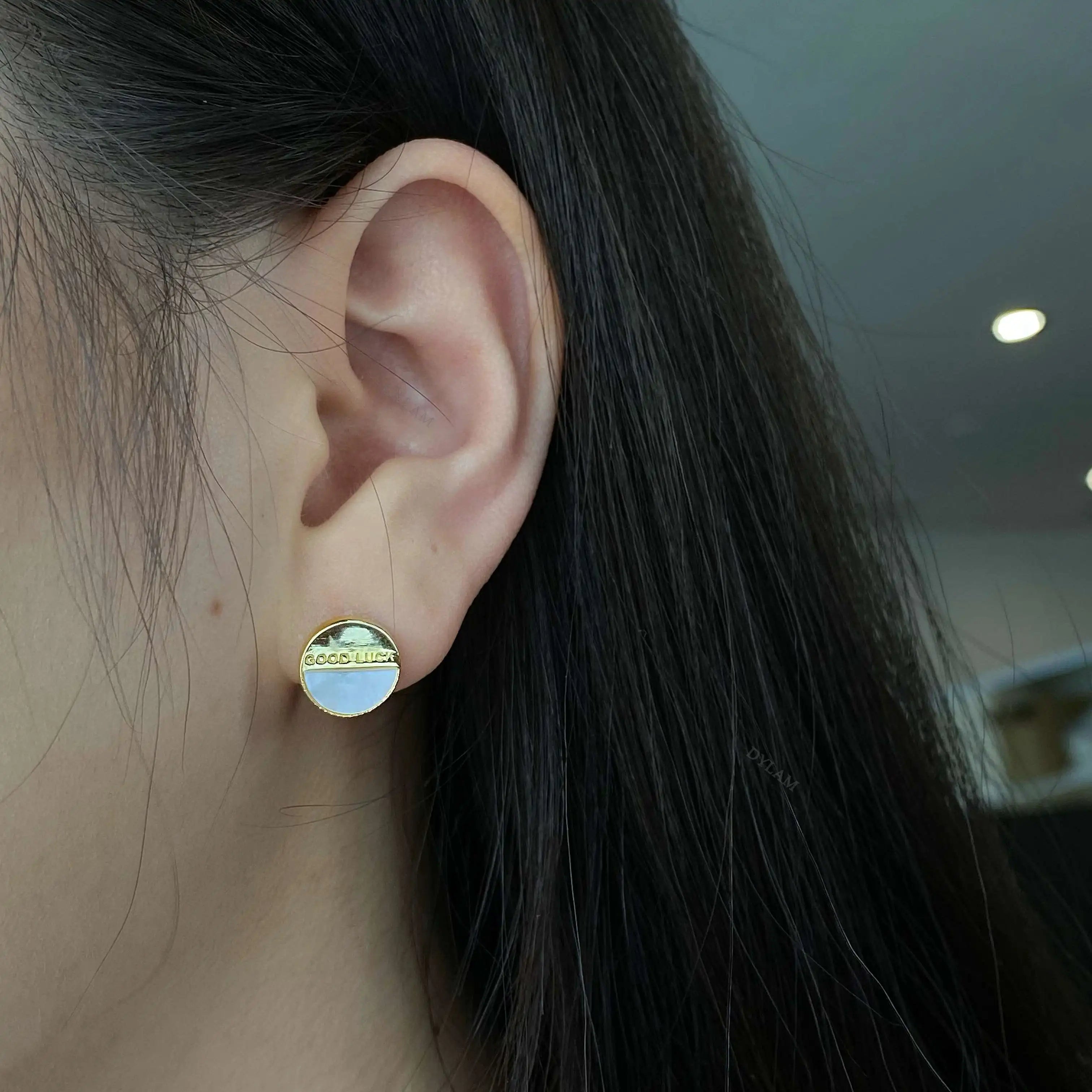 Silver Opal Half Moon Cut Good Luck Disc Ear Studs