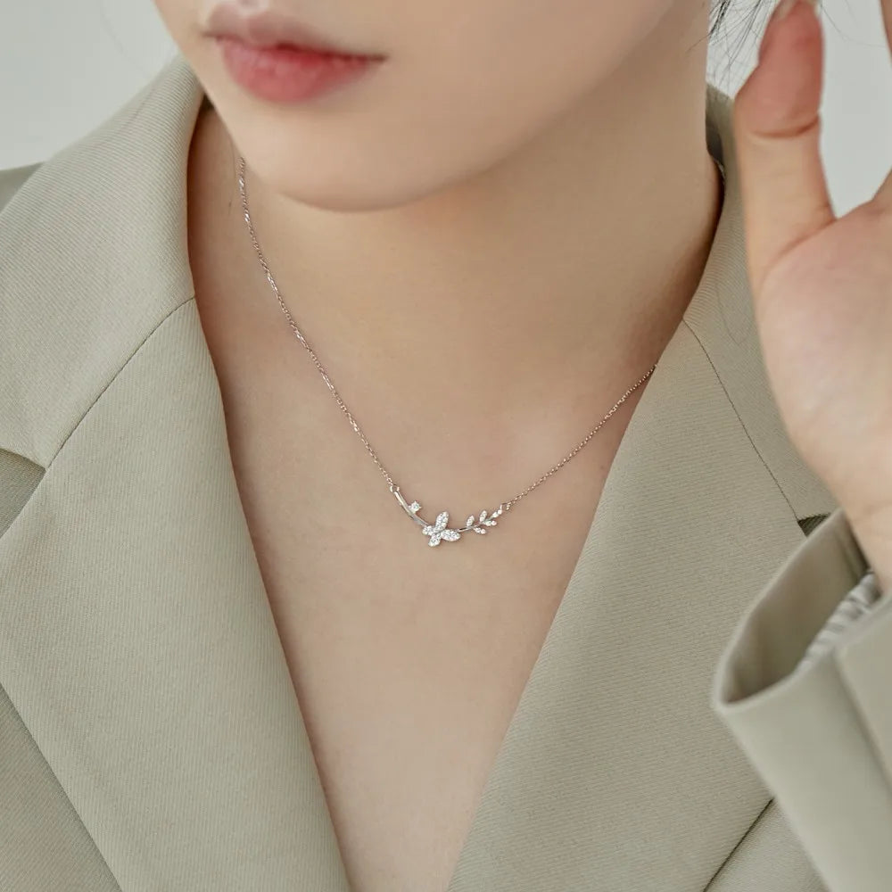Silver Zircon Round Cut Butterfly Bar Necklace