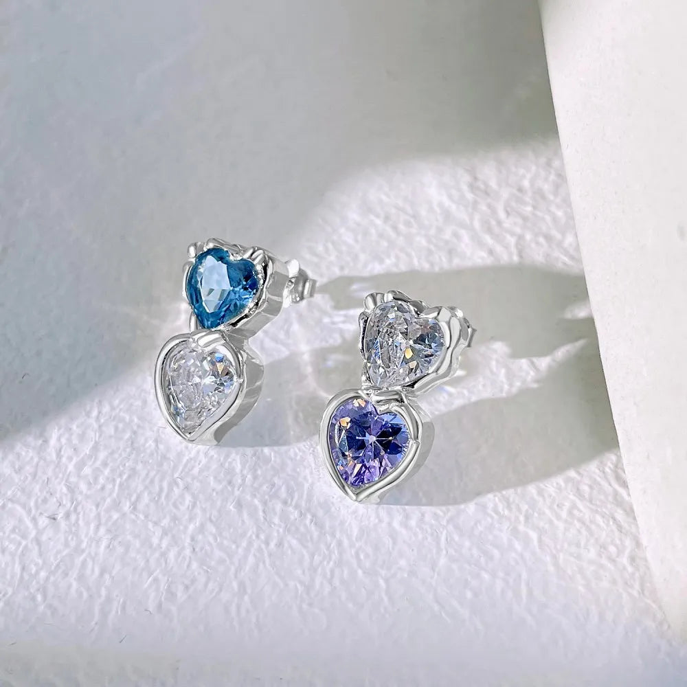 Silver Zircon Heart Cut Stacked Ear Studs