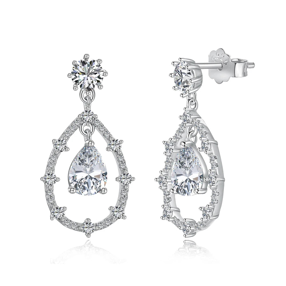 Silver Zircon Pear Cut Halo Tear Drop Earrings