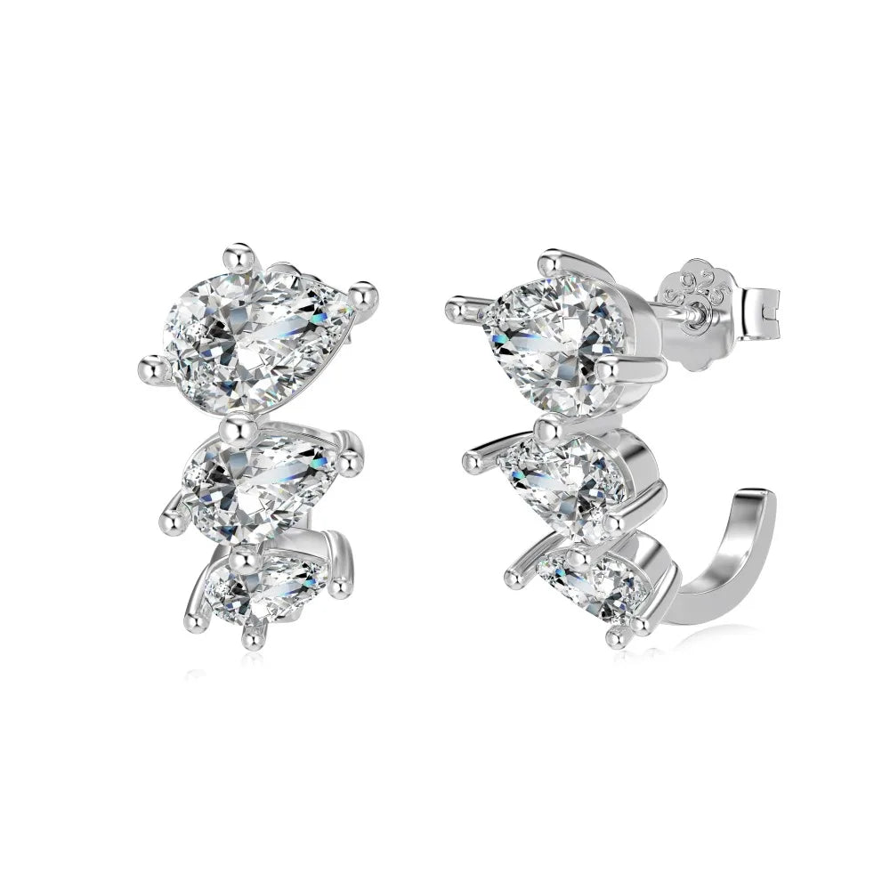 Silver Zircon Pear Cut Layered Hook Water Drop Ear Studs