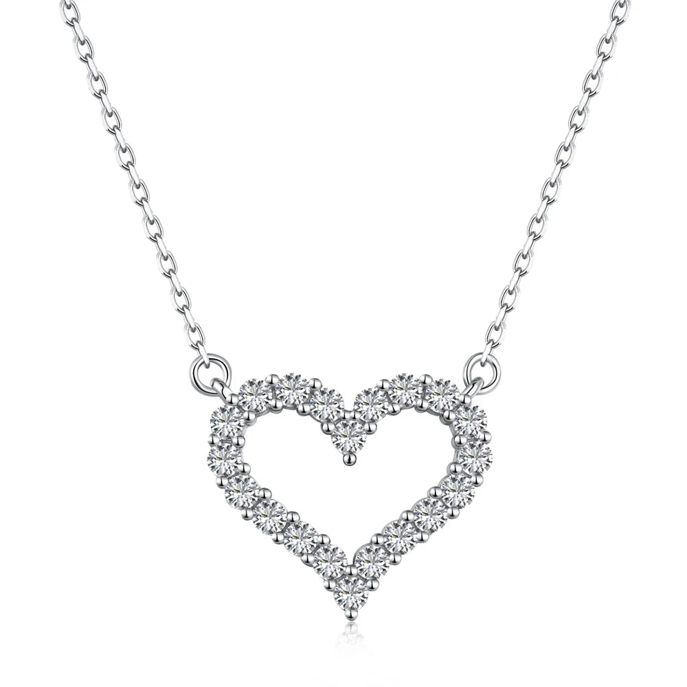 Silver Zircon Round Cut Big Inlaid Halo Heart Pendant Necklace