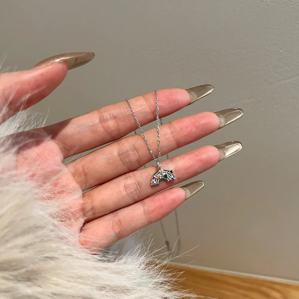 Silver Zircon Round Cut Rainbow Pendant Necklace