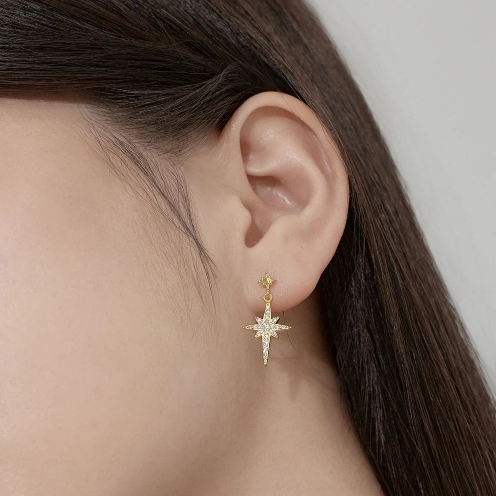 Silver Zircon Pear Cut Crescent Star Dangle Drop Earrings