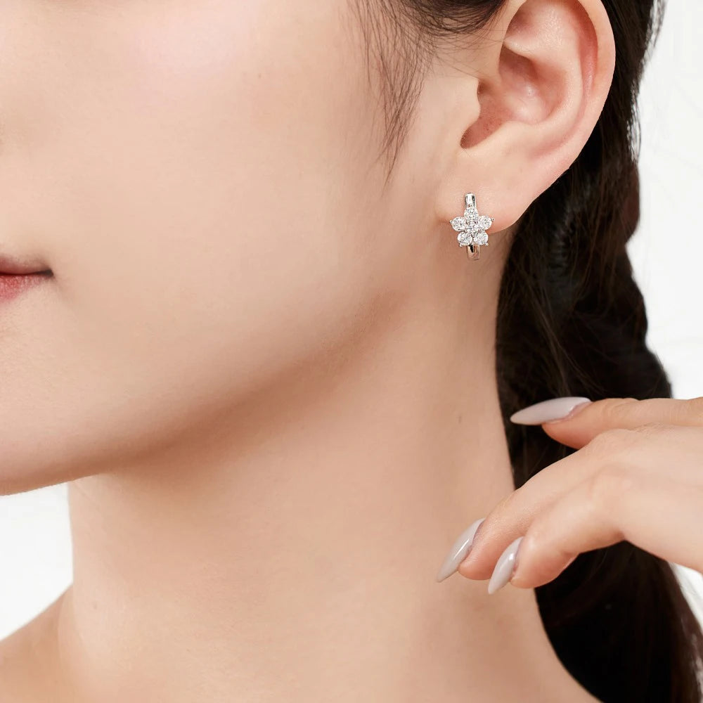 Silver Zircon Round Cut Flower Huggie Earrings