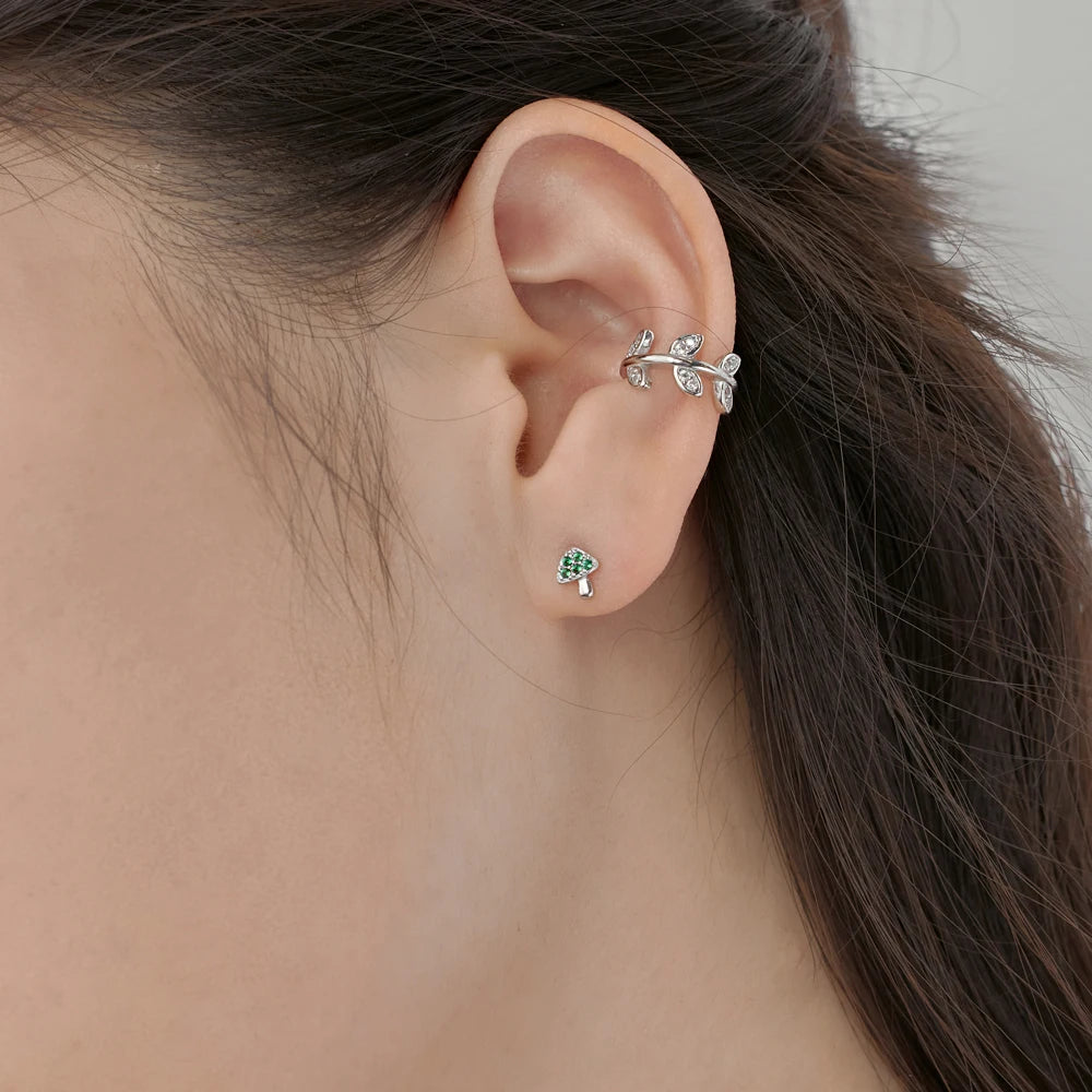 Silver Zircon Round Cut Mushroom Ear Studs