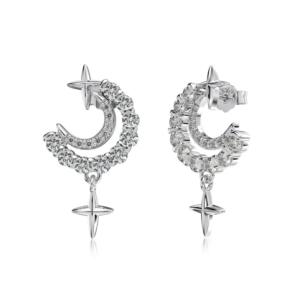 Silver Zircon Round Cut Moon Star Drop Earrings