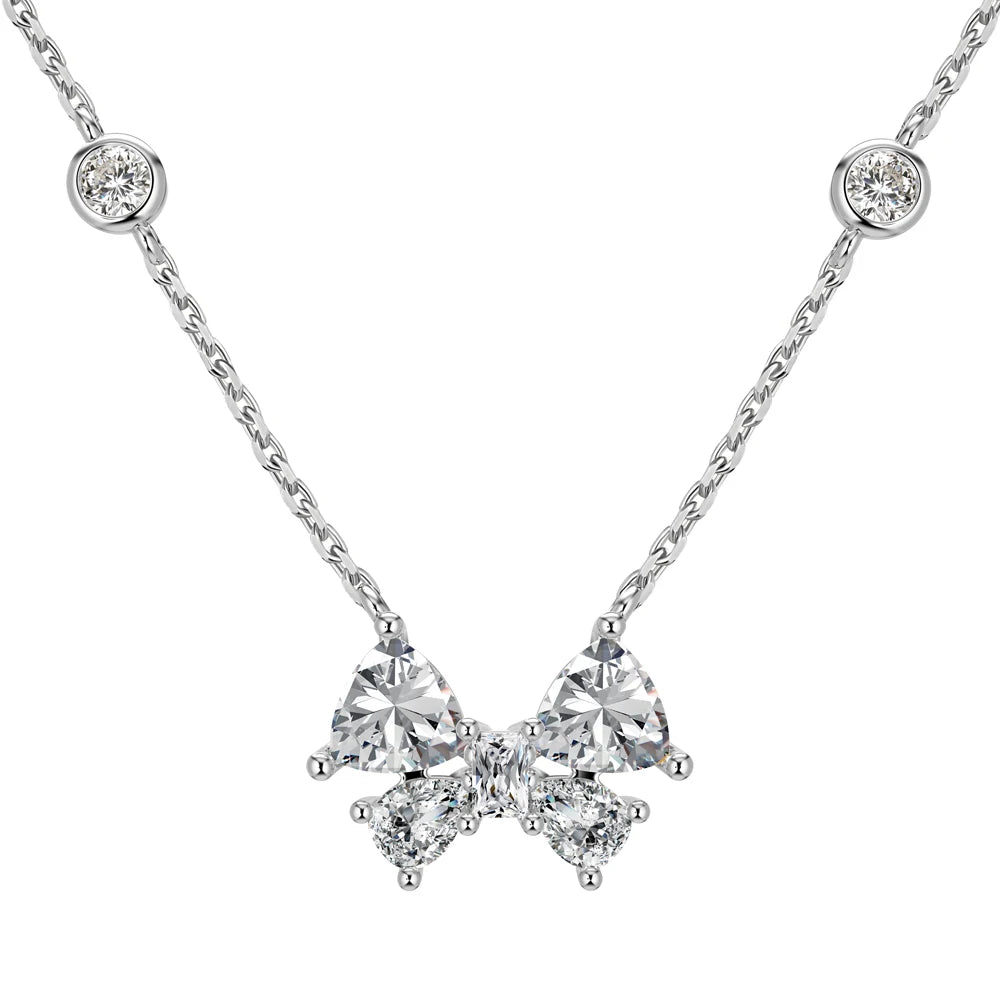 Silver Zircon Trillion Curved Cut Bow Pendant Necklace
